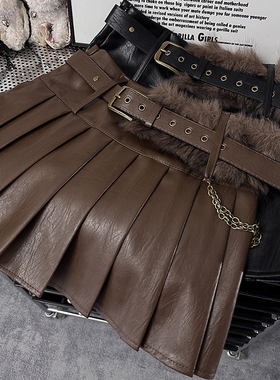 棕色毛毛腰封灰色半身裙女秋冬新款低腰百褶裙显瘦辣妹A字短裙潮