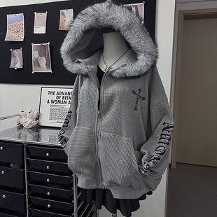 可拆卸毛领宽松情侣外套潮 十字架印花连帽卫衣女秋季 BIG BIU美式