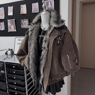 美式十字架座山雕夹棉毛领外套女宽松设计感加厚飞行棉衣棉服