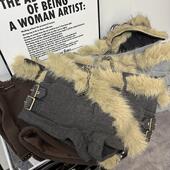 毛呢短裤 加厚毛绒灰色低腰辣妹亚比配靴子修身 短裤 秋冬季 外穿靴裤