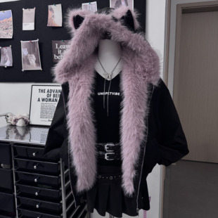 美式粉色毛领座山雕棉服毛绒领猫耳外套女冬季加厚保暖开衫棉袄潮