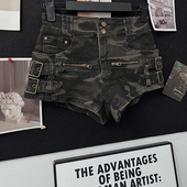 a字包臀热裤 美式 女拉链卡扣新款 修身 复古辣妹迷彩工装 牛仔短裤