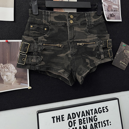 美式复古辣妹迷彩工装牛仔短裤