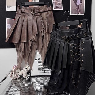 美拉德辣妹独步漫游流浪复古做旧嬉皮士拼接不规则皮裙百褶半裙女