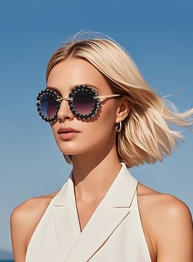 新款欧美墨镜女镶钻无框切边个性潮流防紫外线太阳镜高级感