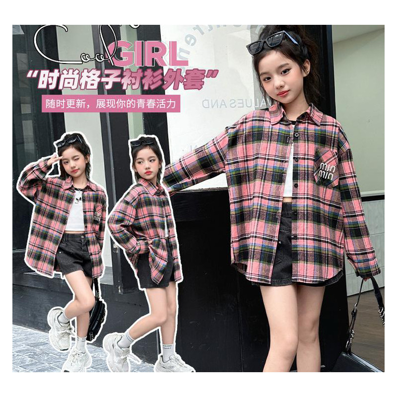 美式复古格子女童春秋长袖衬衫