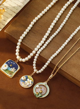 法式复古吊坠18k淡水珠滴油花朵项链新中式国风轻奢小众锁骨
