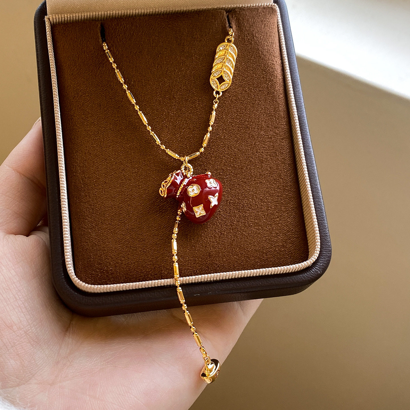 秋冬红色福袋五帝钱币项链女复古感轻奢毛衣链小众气质配饰品