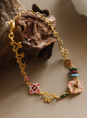 时尚复古精致镂空蝴蝶滴油花朵手链轻奢小众感气质百搭手饰女