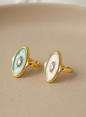 韩版个性椭圆珠光滴油锆石开口戒指女士宫廷风几何开口指环饰品