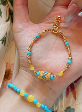 新中式轻奢蜜蜡珐琅绿松石手链