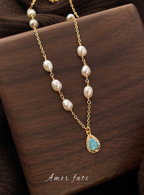 极光淡水珍珠项链法式海蓝冰花锆石锁骨链气质轻奢感镀18k金