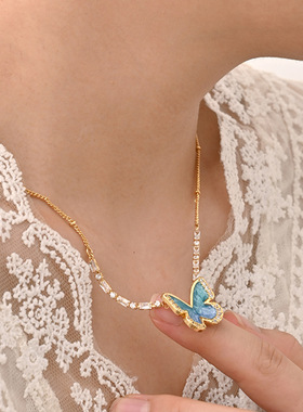小众设计欧美跨境感锆石珐琅彩蝴蝶项链气质时尚百搭锁骨链