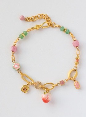 原创复古彩色滴油多巴胺微镶锆石水蜜桃花朵手链轻奢感手饰女