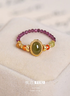 新中式复古石榴石弹力串珠女戒