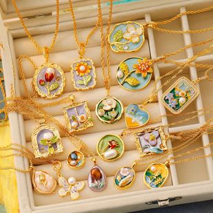 中古vintage油画风项链吊坠diy手工项链坠子巴洛克珍珠花朵滴釉款