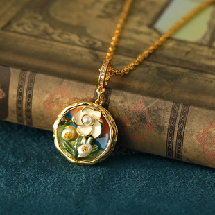 法式 气质生日礼物油画项链中古风花朵复古吊坠毛衣链秋冬Necklace