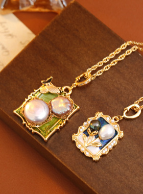 中古vintage油画风项链清新果绿滴釉吊坠梦幻蓝色珍珠毛衣链diy