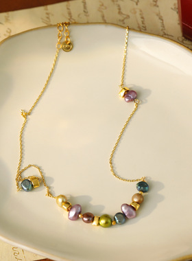 法式轻奢小碎金七彩巴洛克珍珠项链女级气质复古颈链毛衣链饰品