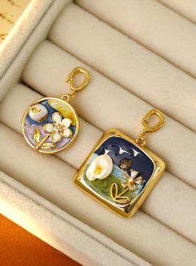 油画珍珠项链吊坠天然淡水珍珠滴油花朵优雅油画风diy配件万能