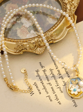 莫奈印象油画系列珍珠项链秋冬复古淡水巴洛克珍珠花朵毛衣链吊坠