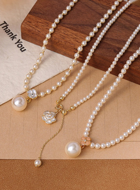 时尚小香风山茶花珍珠贝母项链轻奢名媛优雅气质潮流简约珍珠