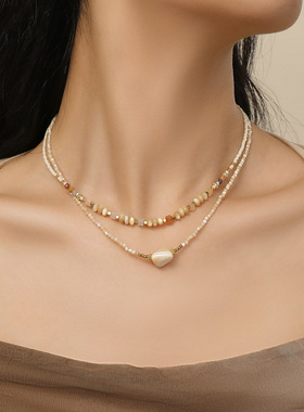 彩色天然石串珠项链轻奢小众贝壳珠锁骨链气质时尚叠戴钛钢颈链