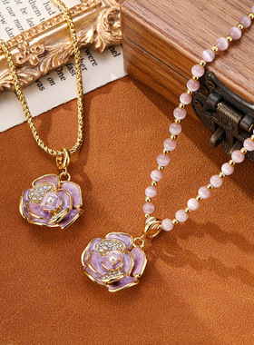 复古珐琅山茶花猫眼石串珠项链秋冬毛衣链轻奢小众高级感锁骨链