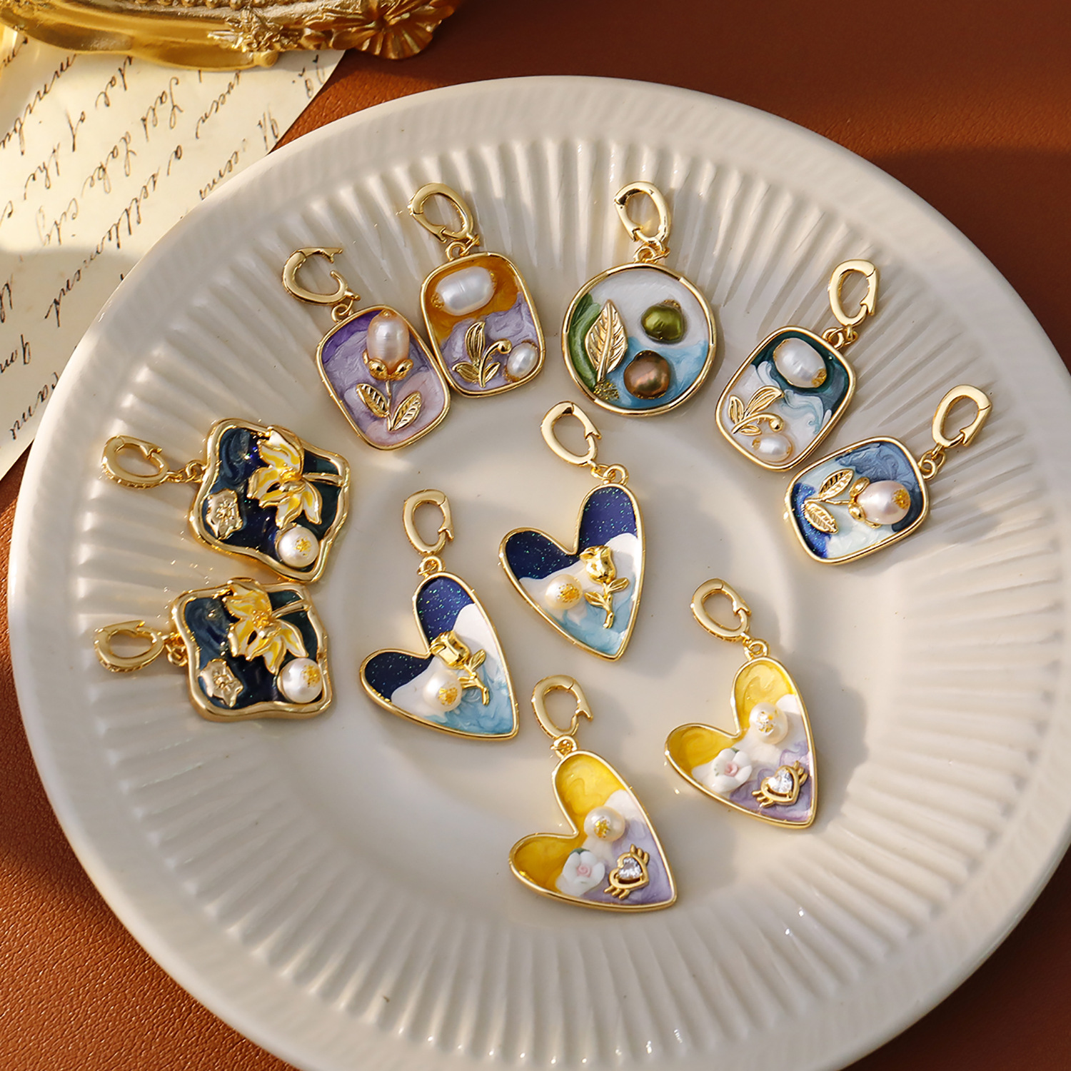 莫奈花园油画风扣锆石项链吊坠diy手工吊牌法式复古滴釉项链