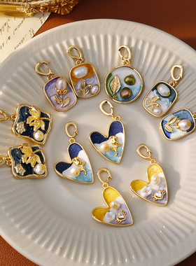 莫奈花园油画风扣锆石项链吊坠diy手工吊牌法式复古滴釉项链