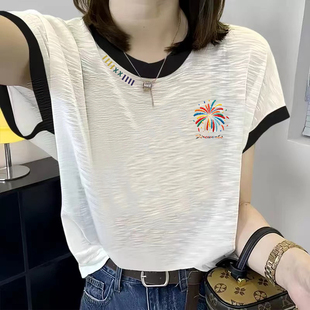上衣服ins潮 t恤宽松显瘦洋气撞色圆领印花夏季 新款 竹节棉女士短袖