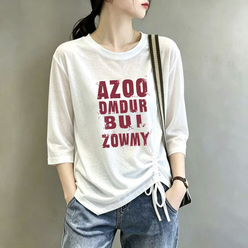 AZOO慵懒冰丝雪花棉女夏薄款七分袖抽绳镂空防晒罩衫上衣