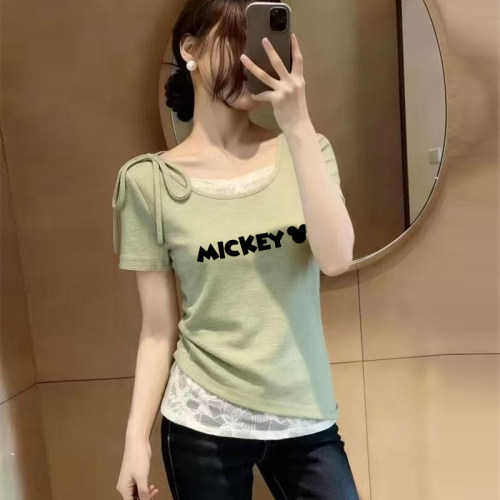 新款不规则短袖T恤女2026夏季假两件拼接蕾丝设计感收腰圆领上衣