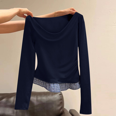 春季拼接荡领显瘦长袖T恤