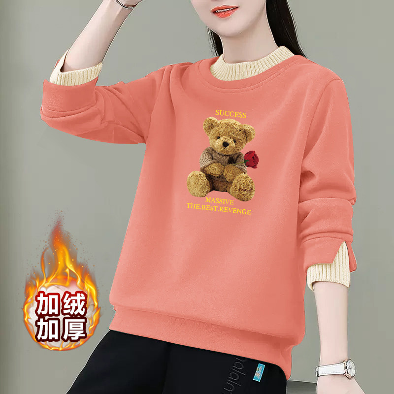 冬天女士爆款2025年加绒加厚宽松显瘦遮肉假两件设计圆领百搭卫衣