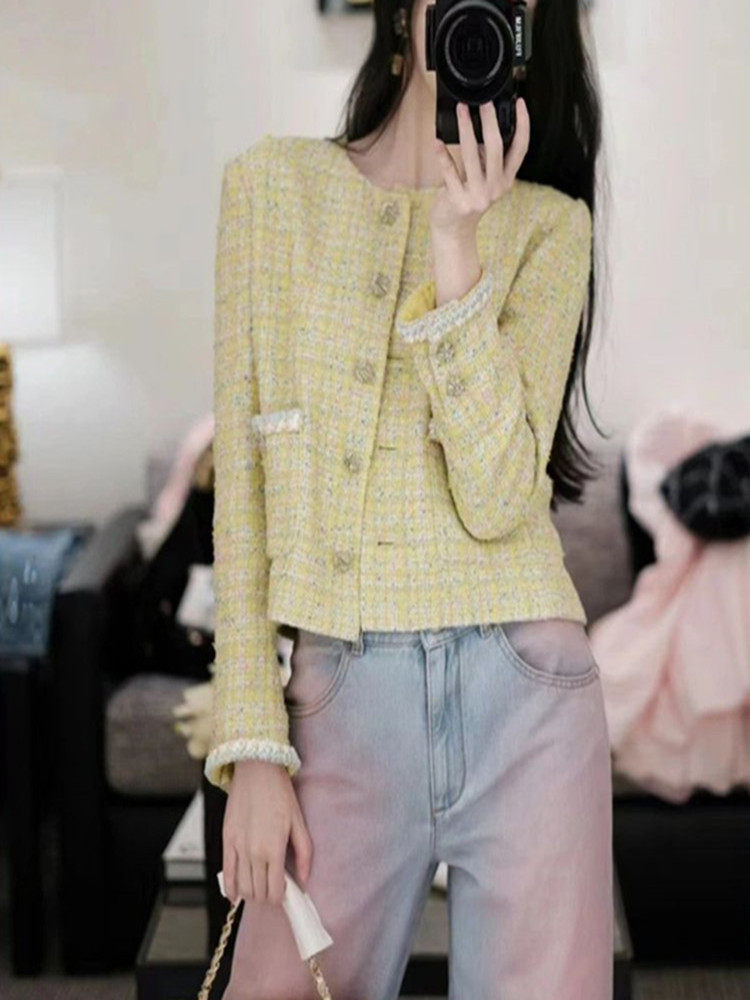 2025秋春款黄色小香风编织羊毛外套女高级感长袖粗花呢短款上衣图片