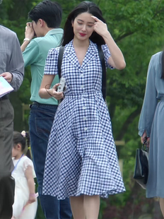 大江大河之岁月如歌杨采钰梁思申同款夏季蓝色格子西装连衣裙女