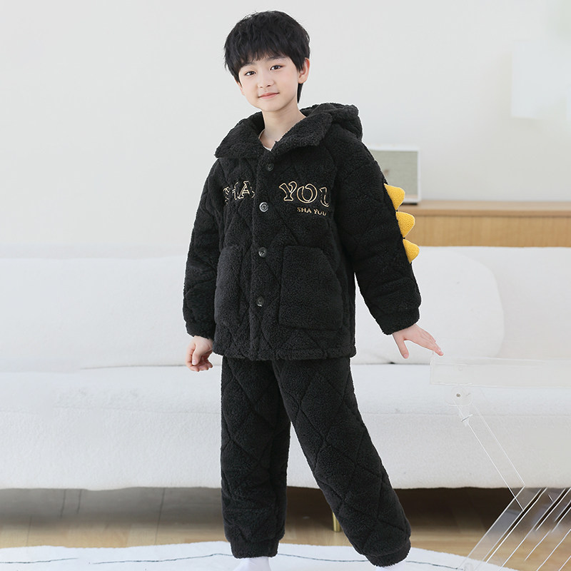 儿童睡衣男童冬季珊瑚绒夹棉加绒加厚法兰绒中大童男孩卡通家居服