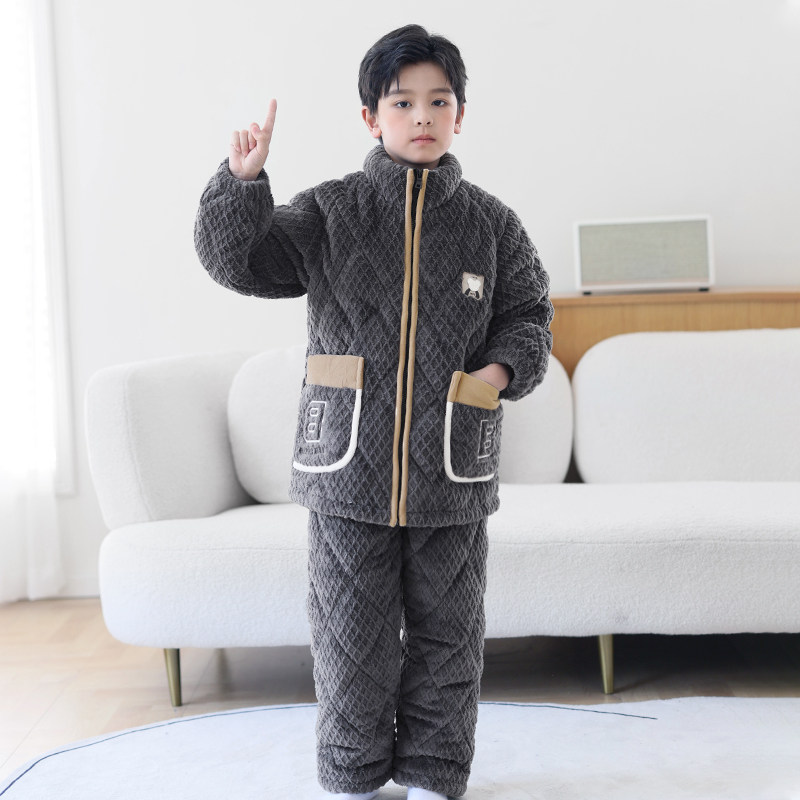 梦贝熊儿童睡衣男孩秋冬季珊瑚绒加厚夹棉法兰绒中大童男童家居服