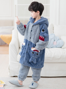秋天男童睡衣珊瑚绒小童法兰绒中童男孩小学生中长卡通小孩家居服