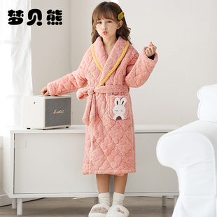 小白兔儿童睡袍女孩中长款可爱公主冬季三层夹棉7法兰绒8女童浴袍