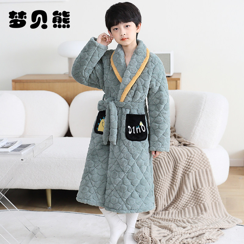 棉睡袍加厚加长保暖冬季男童睡衣珊瑚绒夹棉浴袍中大童男孩家居服