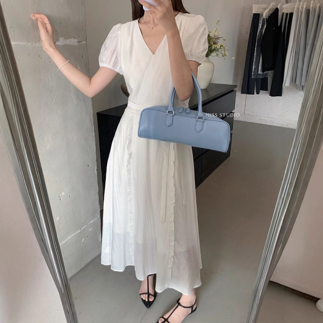 清仓不退换夏季清新色系V领木耳边温柔风长裙收腰显瘦连衣裙33196