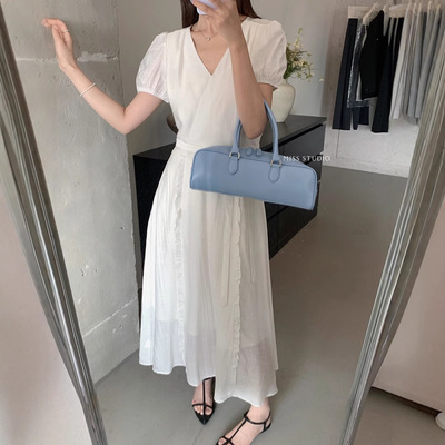 清仓不退换夏季清新色系V领木耳边温柔风长裙收腰显瘦连衣裙33196