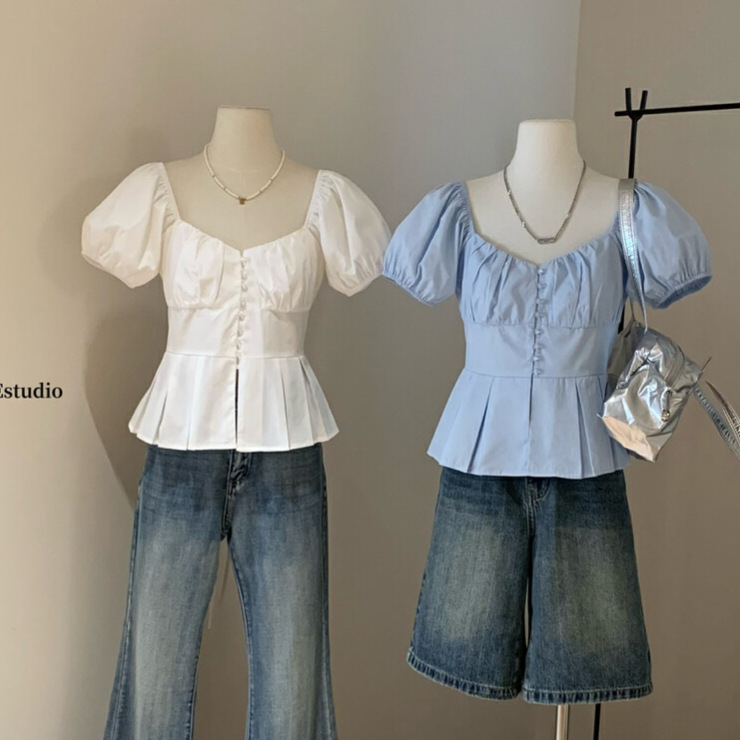 清仓不退换2025夏季褶皱收腰泡泡袖短款衬衫女设计感小衫女W5543