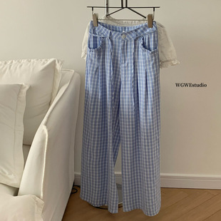 配腰绳 W6475 高级感格子系带显瘦宽松休闲高腰直筒裤 清仓捡漏
