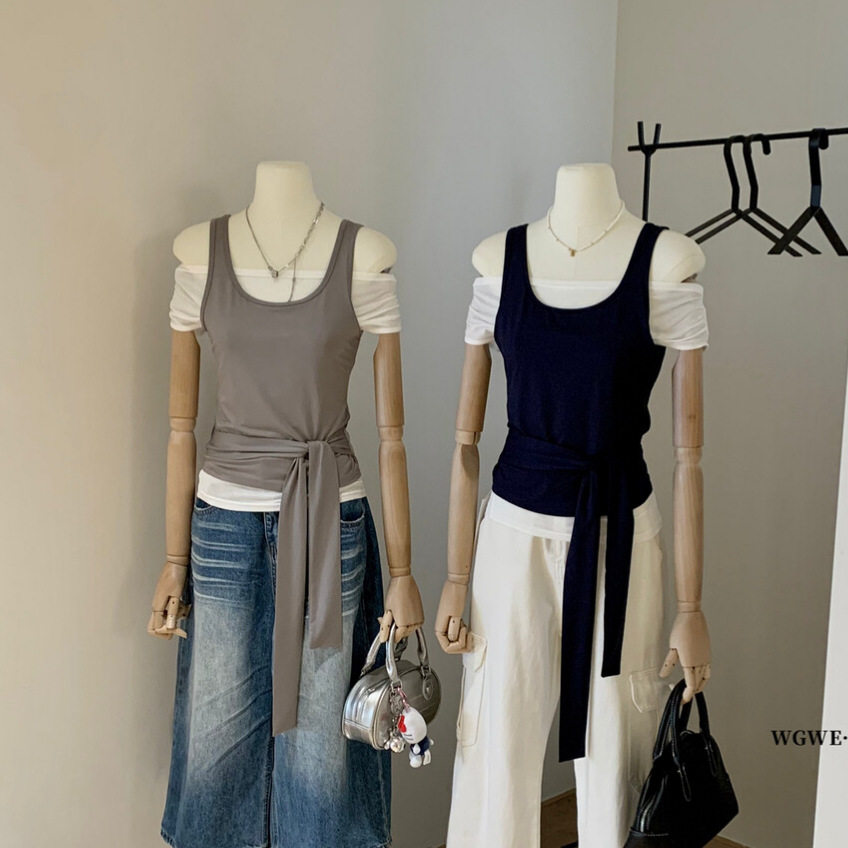 清仓不退换时尚少女一字肩短袖上衣+设计感修身吊带两件套装W6294