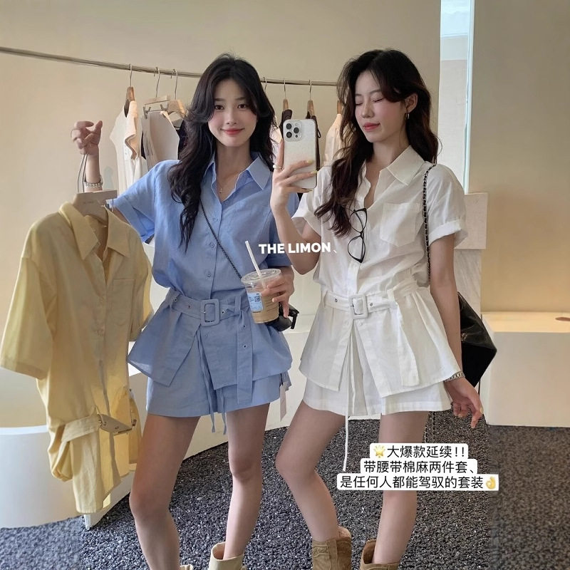 清仓不退换柠檬绿茶韩系高级感穿搭收腰衬衫+显瘦休闲短裤套装女