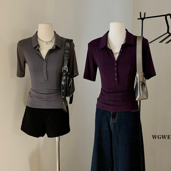 清仓不退换莫代尔中袖Polo针织衫时尚简约弹力修身翻领短袖T恤W58