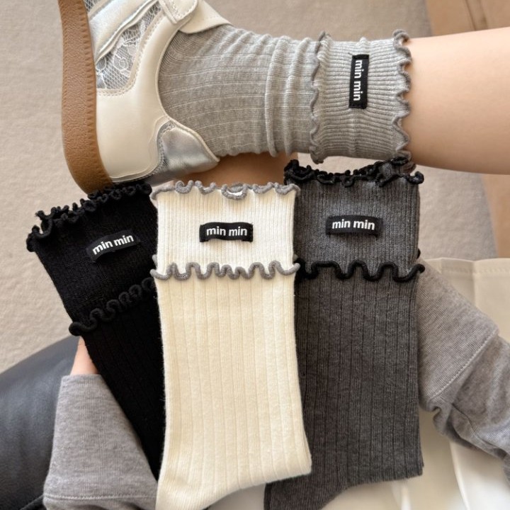 秋冬木耳花边中筒袜女袜子堆堆袜